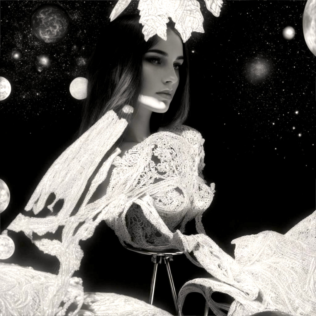 Monochrome Image of Model in Lace Against Cosmic Scene