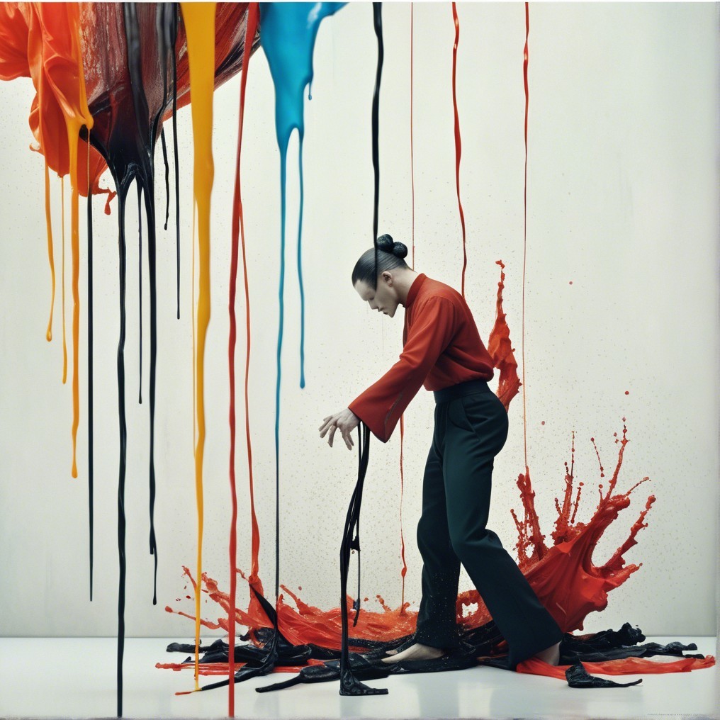 Figure in Red Shirt Surrounded by Colorful Paint Splatter