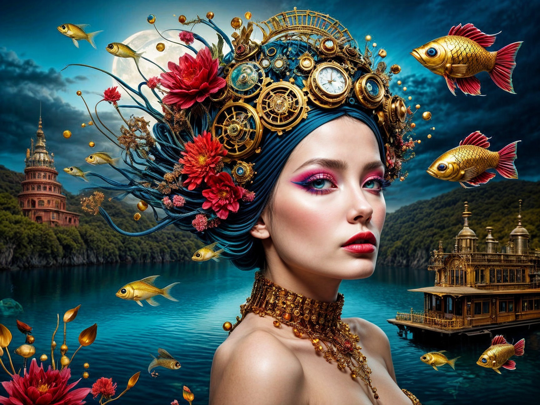 Steampunk Woman with Elaborate Headdress in Nature