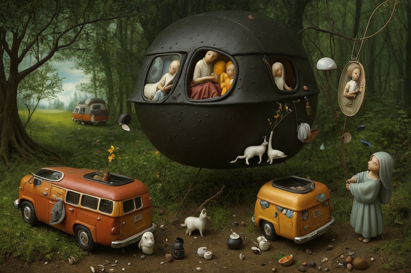 Whimsical Forest Scene with Spaceship and Camper Vans