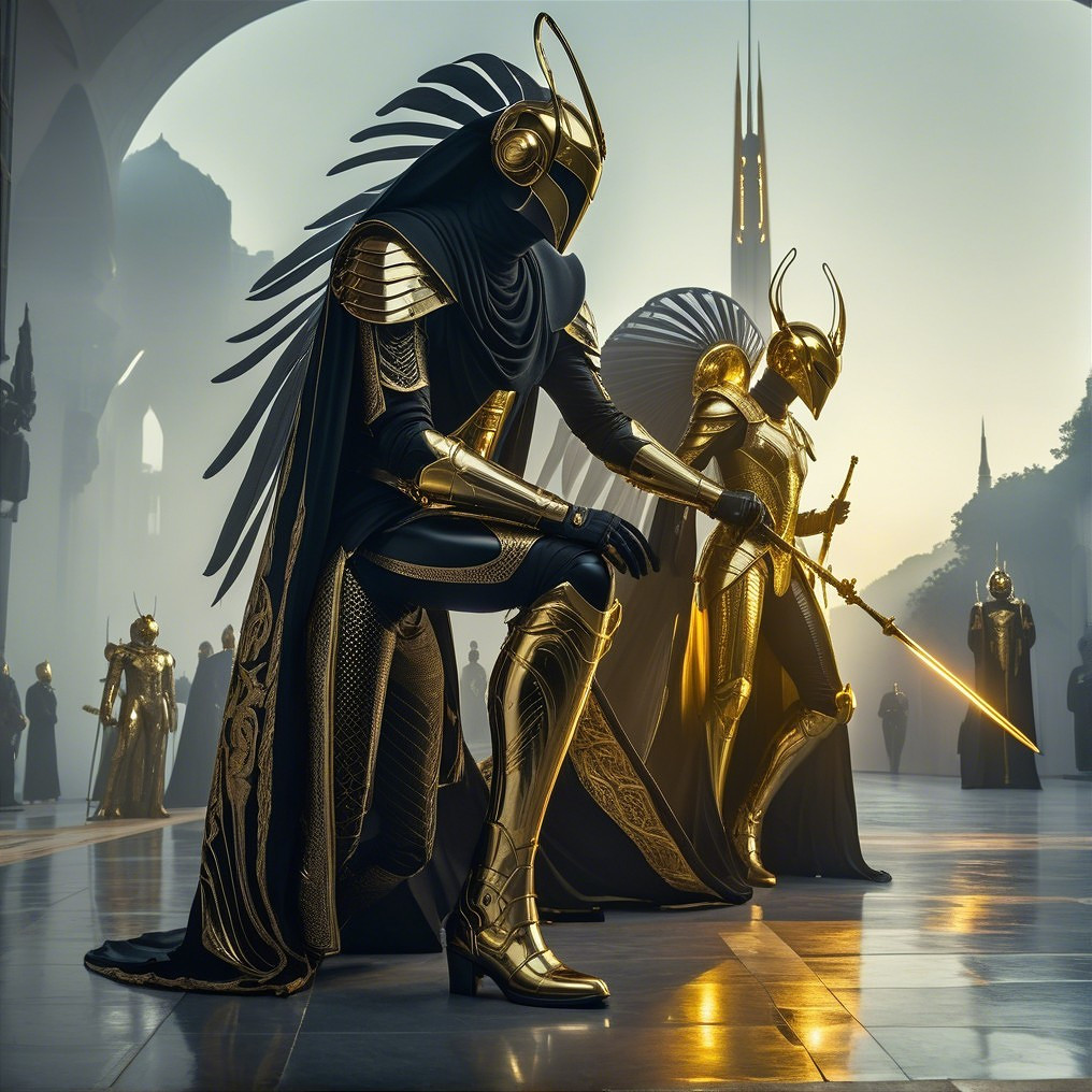 Majestic Figures in Ornate Gold Armor in Dramatic Setting