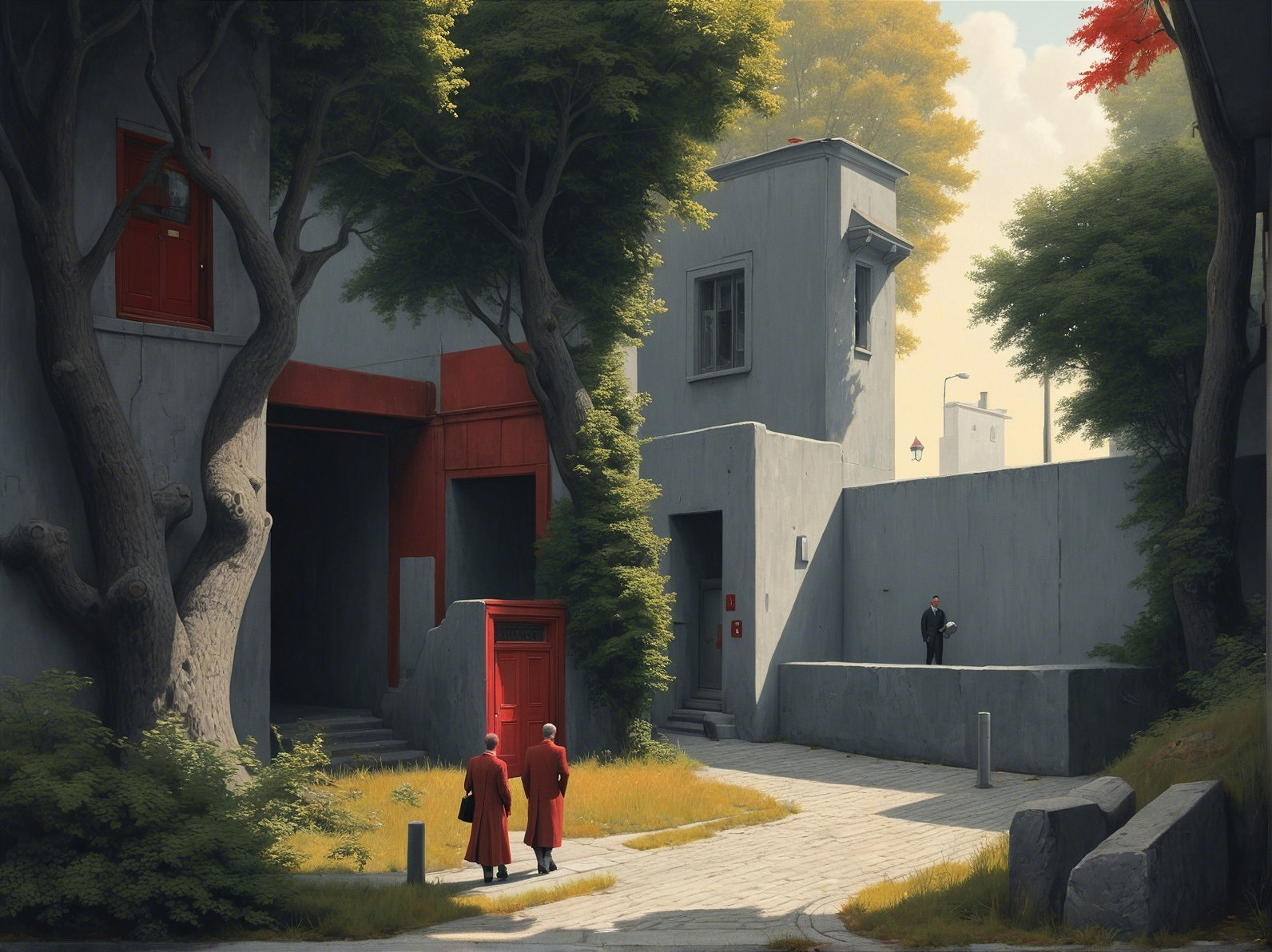 Serene Urban Scene with Figures in Red Coats