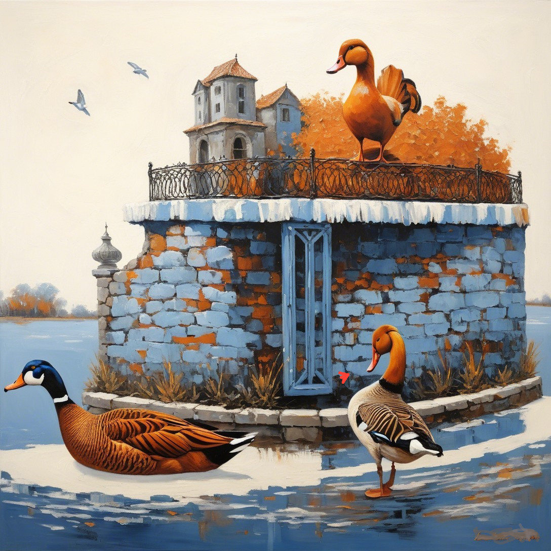 Whimsical Island Scene with Ducks and Autumn Trees