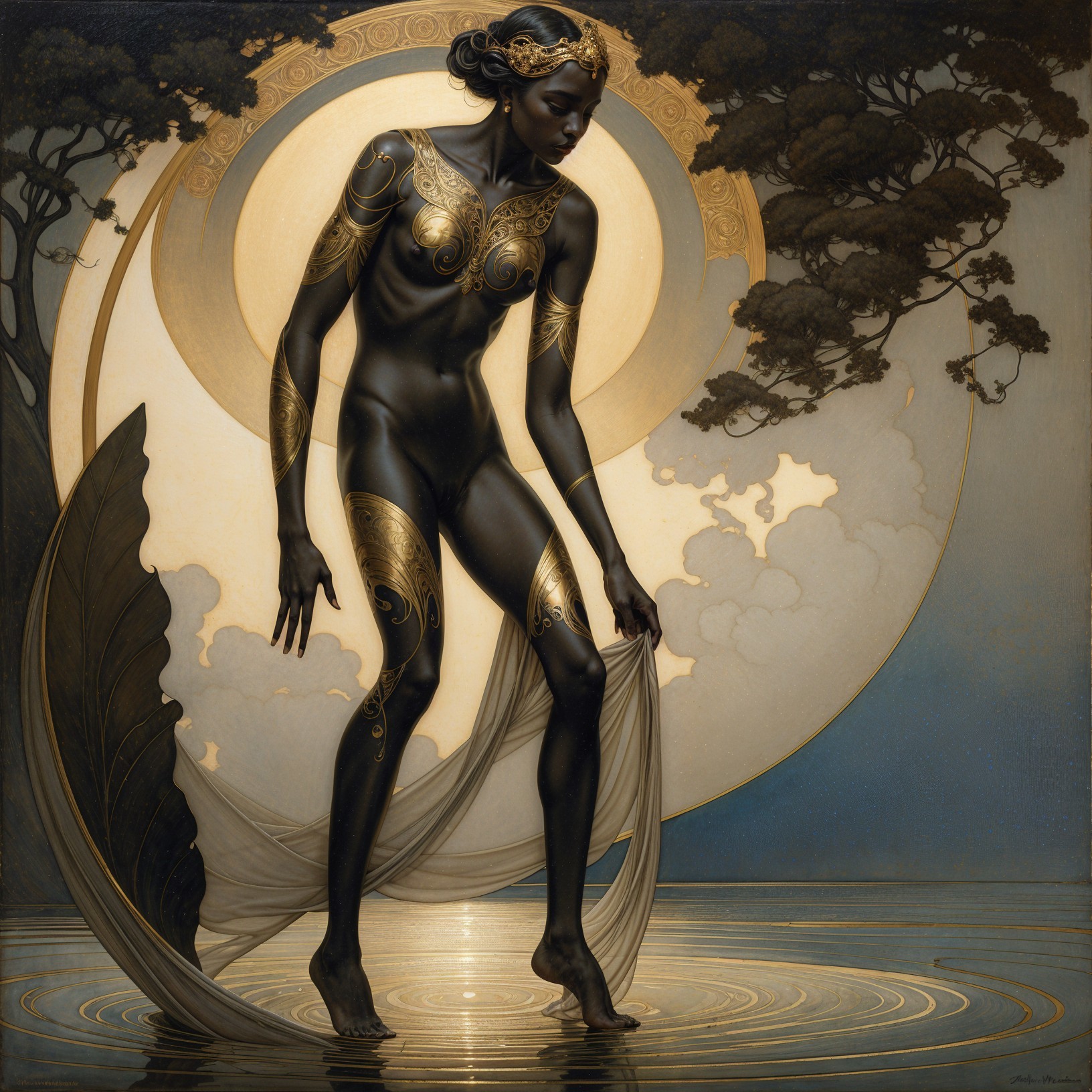 Elegant figure in water with gold and black elements
