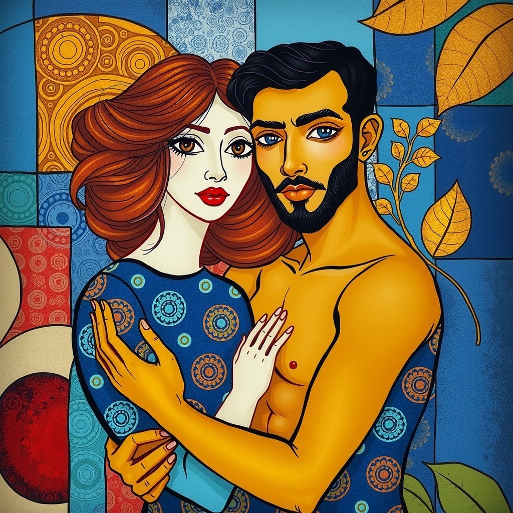 Stylized Couple Embracing with Geometric Patterns
