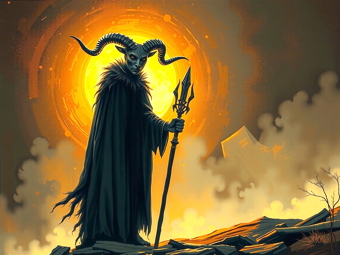 Shadowy Figure in Cloak on Rocky Landscape at Sunset
