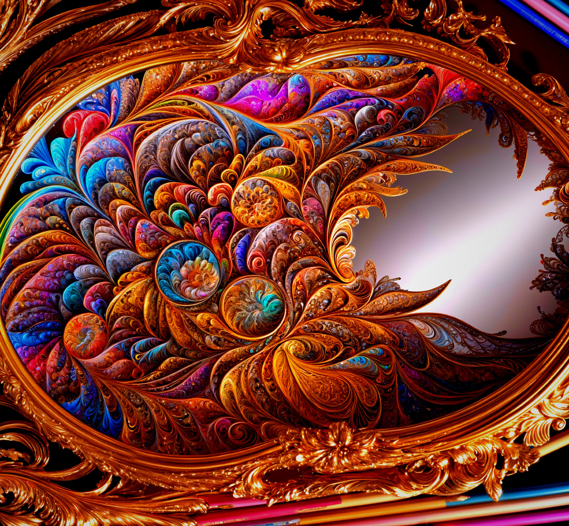 Colorful Fractal Patterns in Ornate Gold Frame