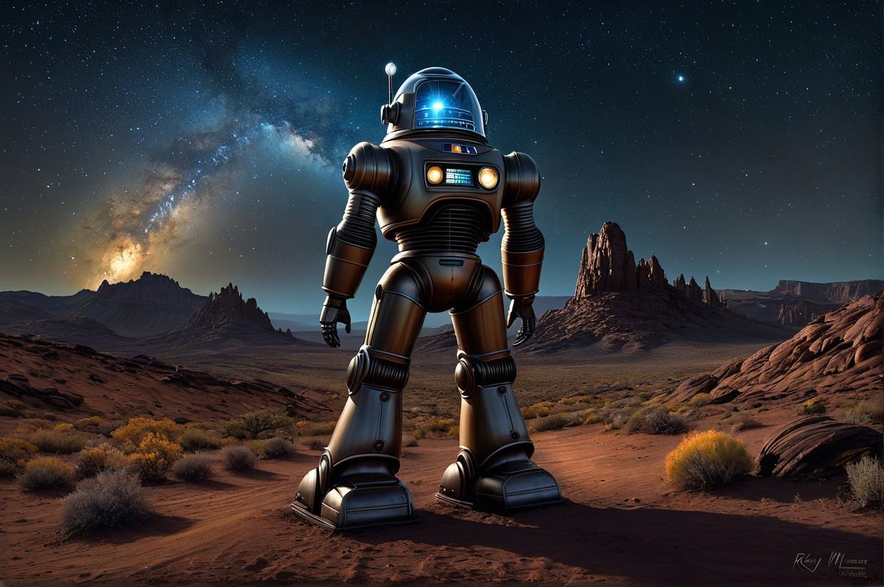 Futuristic Robot in Desert Under Starry Sky