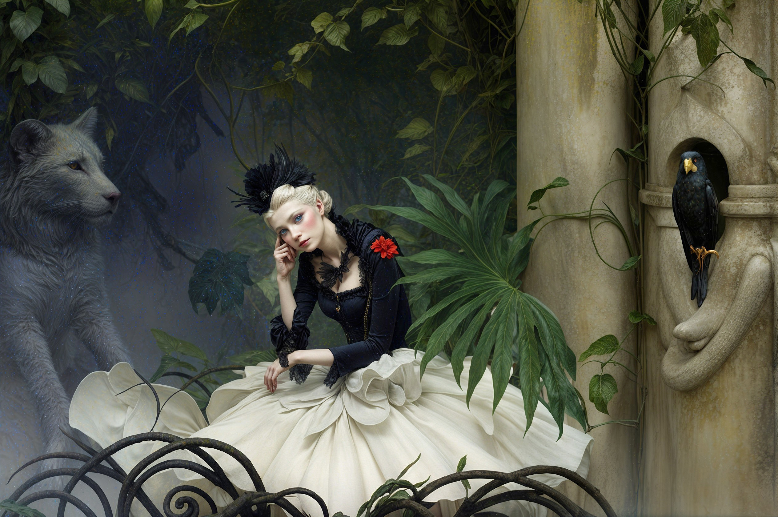 Young Woman in Ethereal Jungle with White Lion