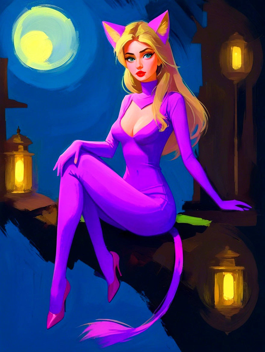 Anthropomorphic character in purple catsuit at night
