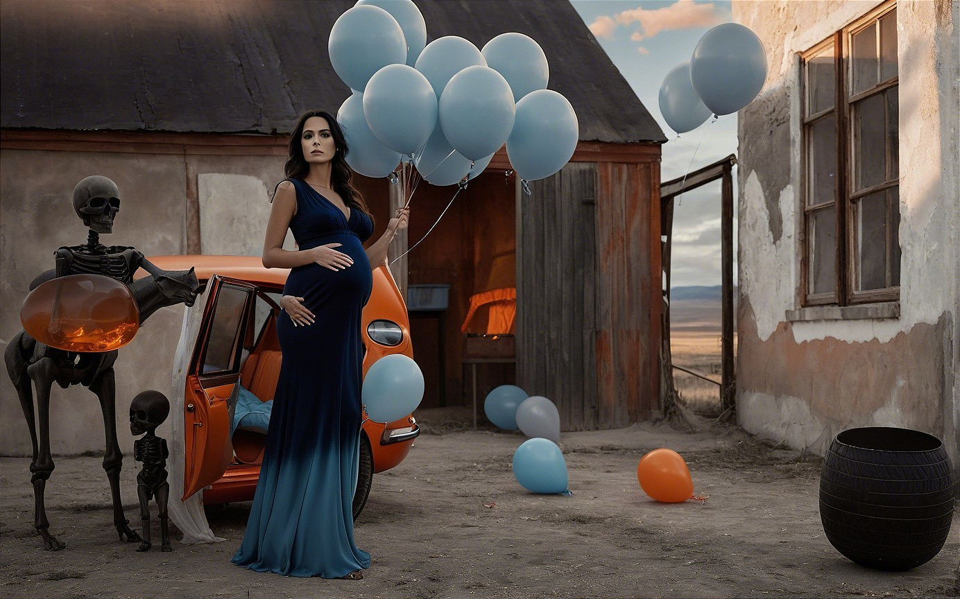 Pregnant Woman with Balloons and Skeletons in Landscape