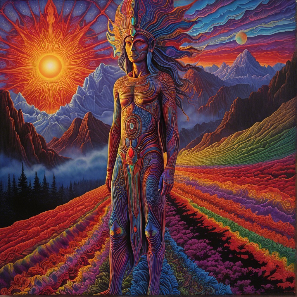 Surreal Landscape with Majestic Figure and Vibrant Colors