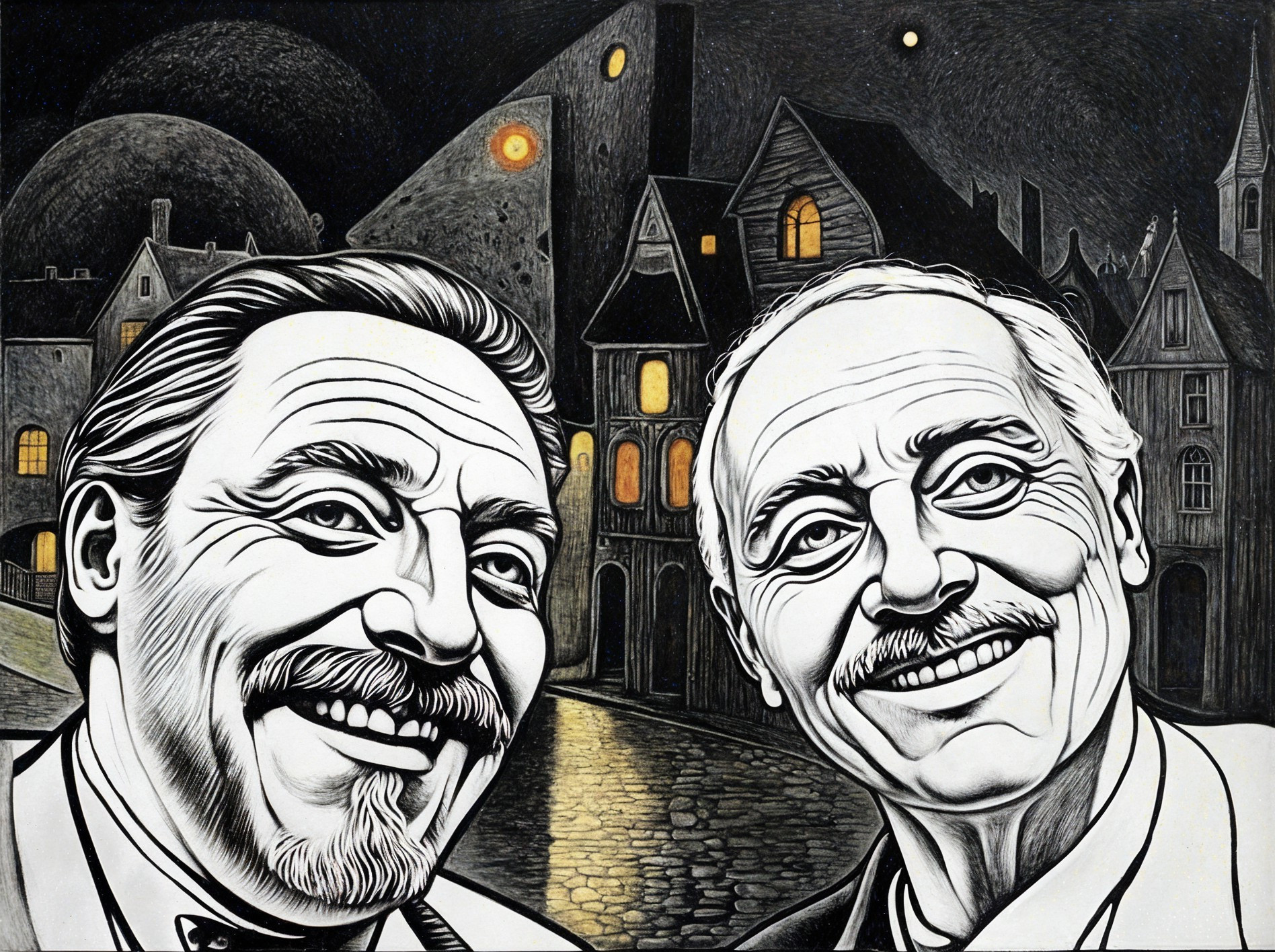Smiling Men Against Quaint Houses and Evening Sky