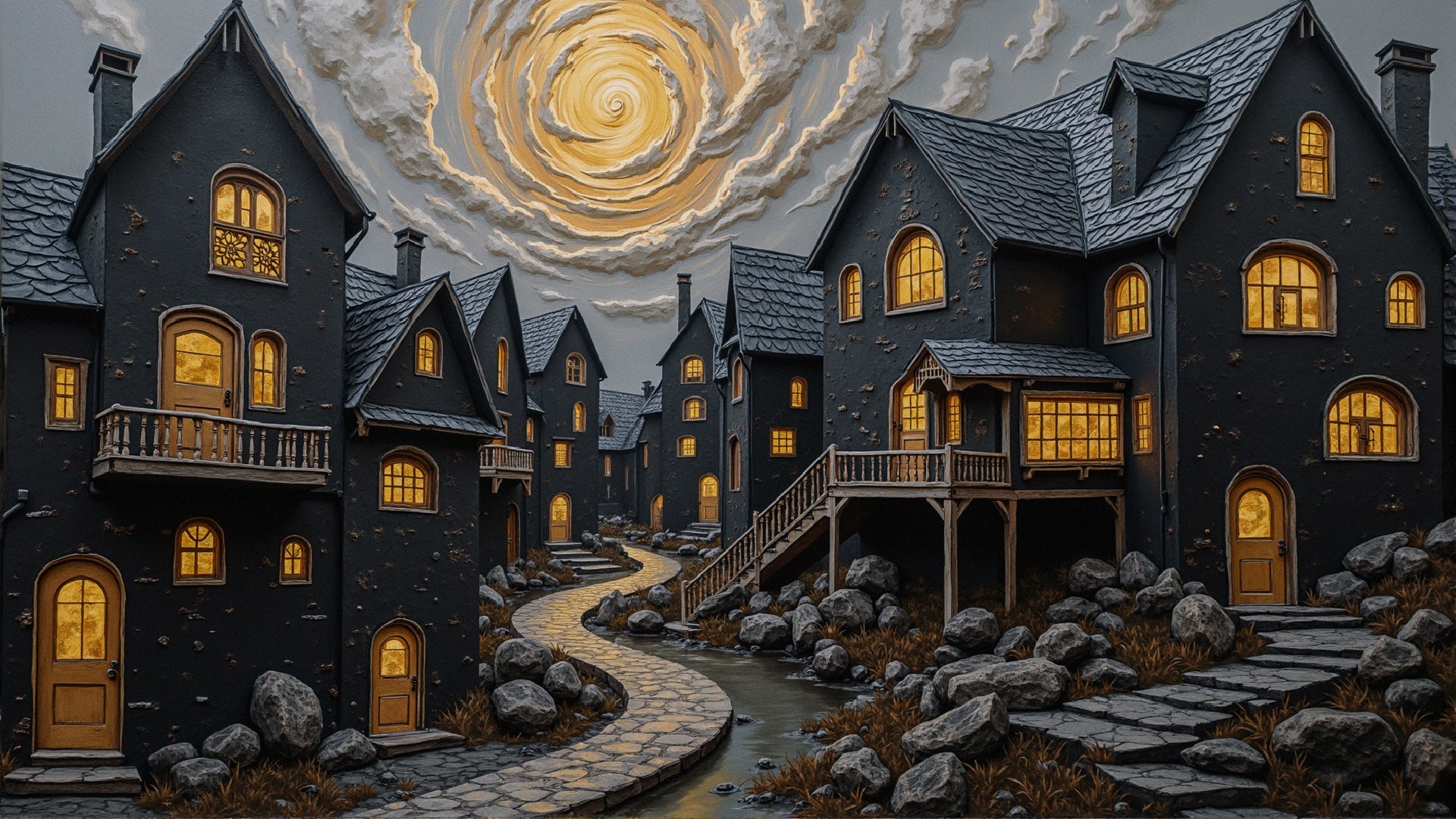 Whimsical Village with Dark Houses and Golden Sky