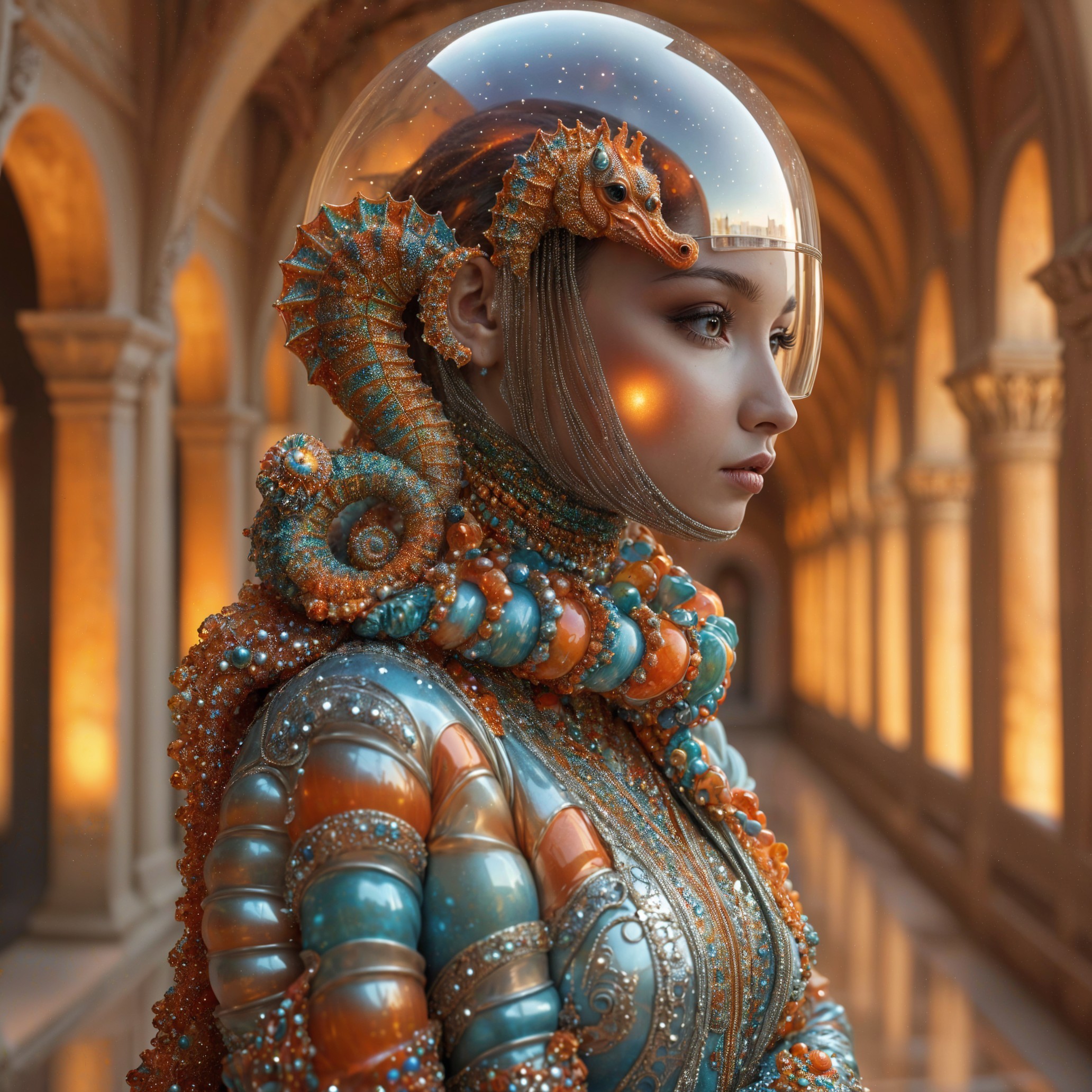 Futuristic armored figure in a grand illuminated corridor