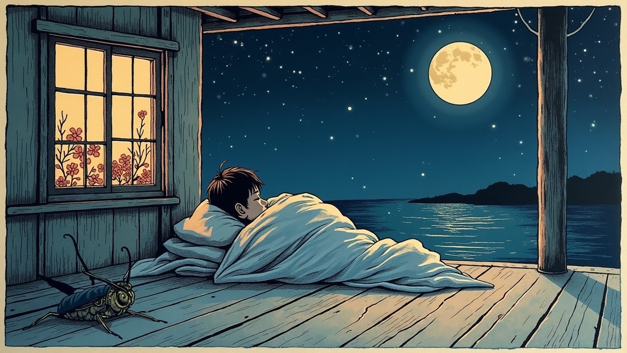 Cozy Night Scene with Boy on Porch and Moonlight