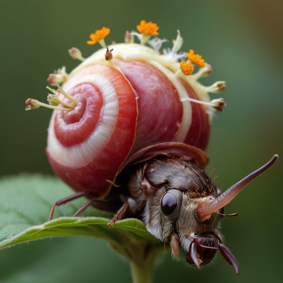 Vibrant Insect with Spiral Shell and Yellow Flowers