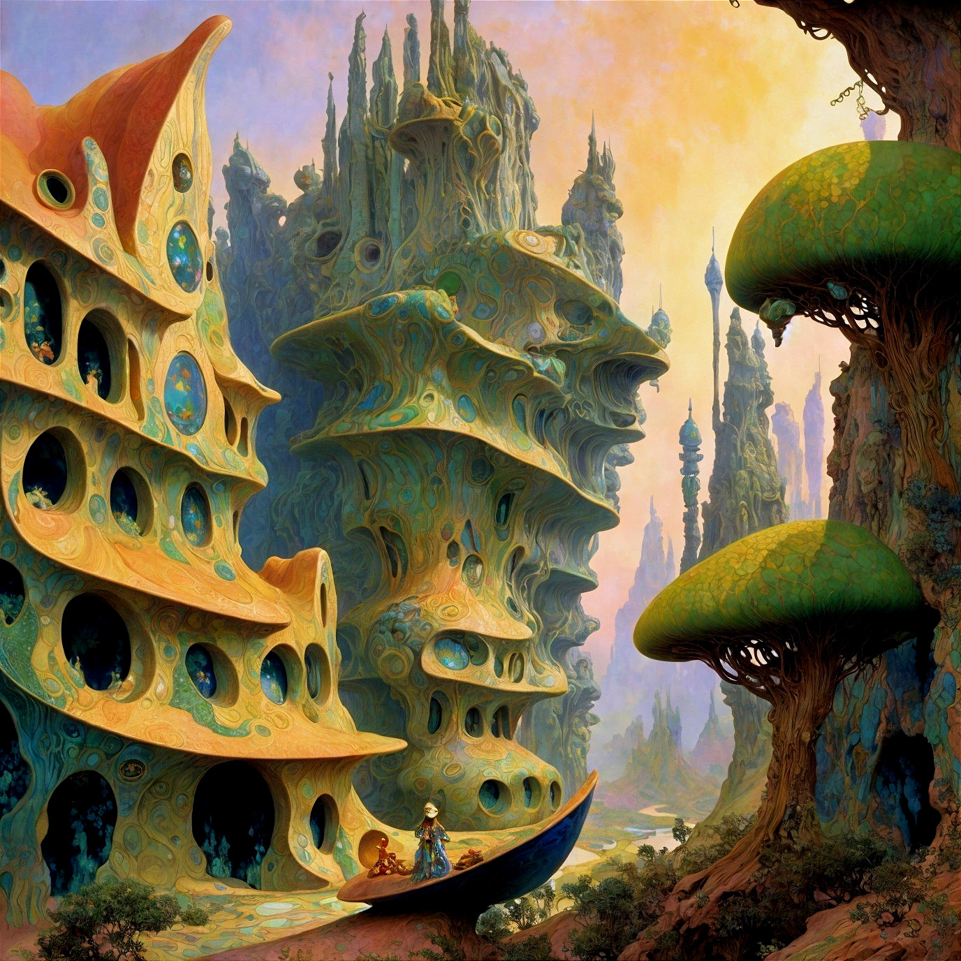 Psychedelic Painting of an Alien Landscape with Architecture
