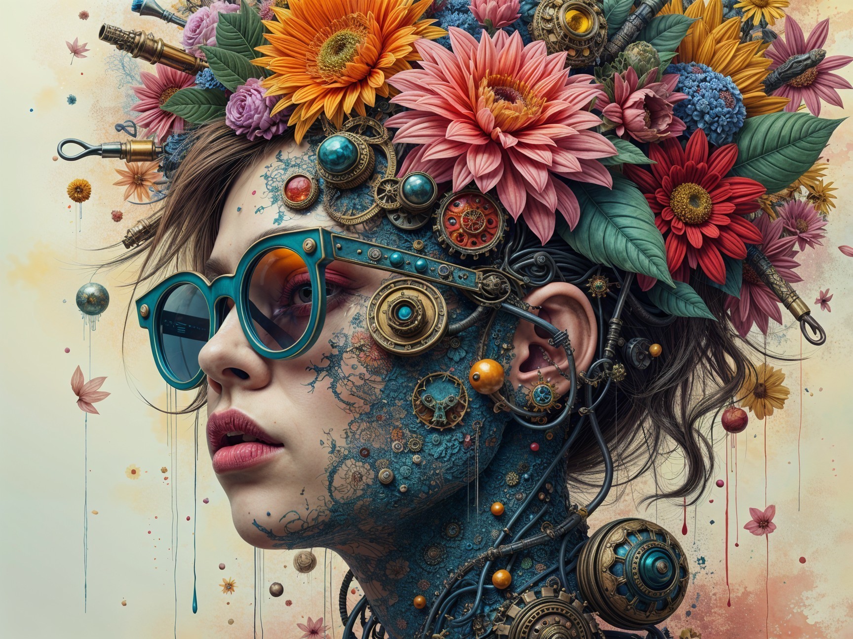 Portrait of a Young Woman with Flowers and Mechanics