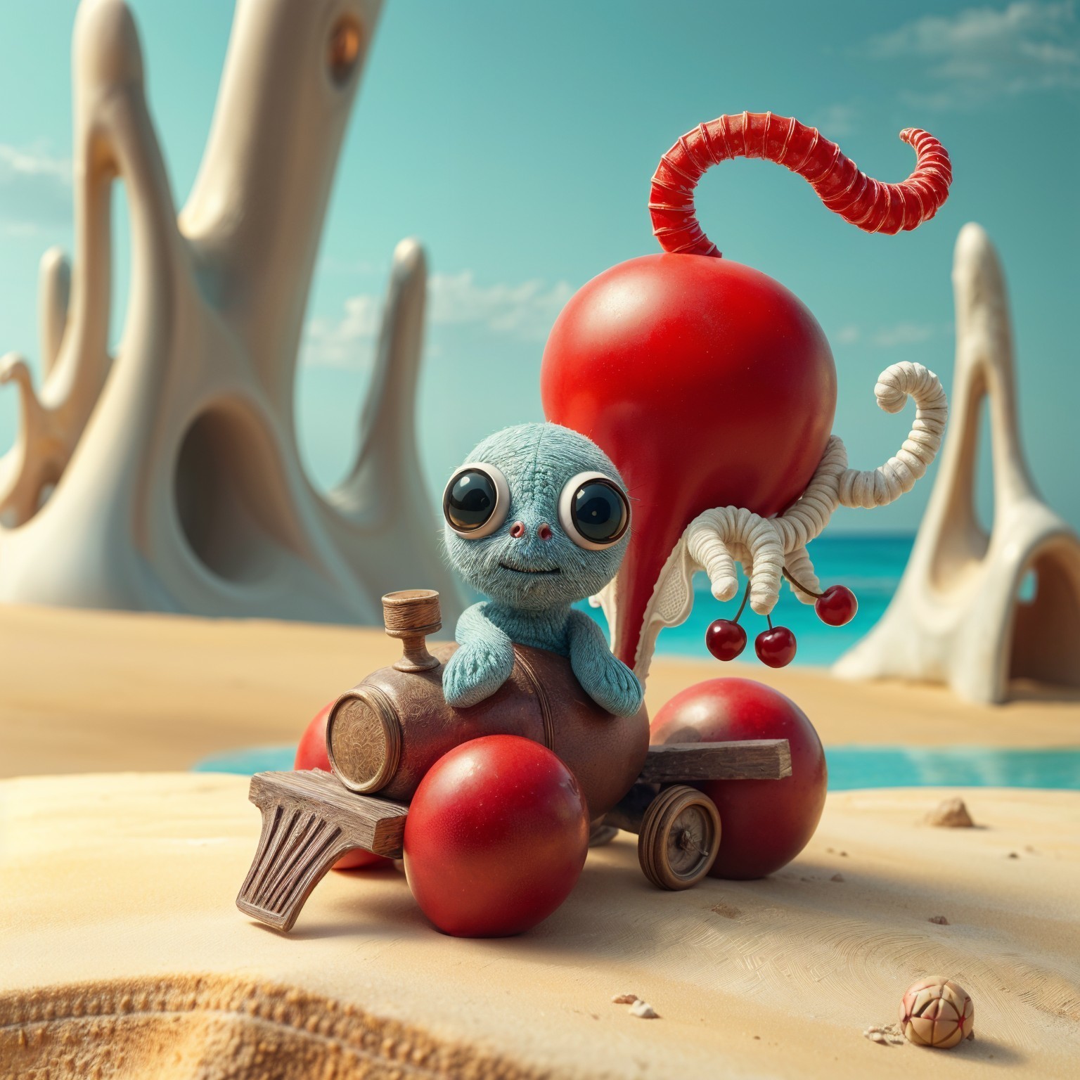 Surreal Landscape with Blue Alien on Toy Car