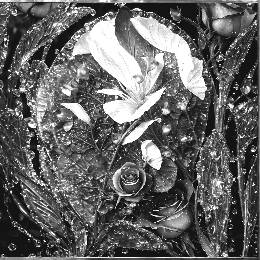 Monochrome Floral Composition with Water Droplets