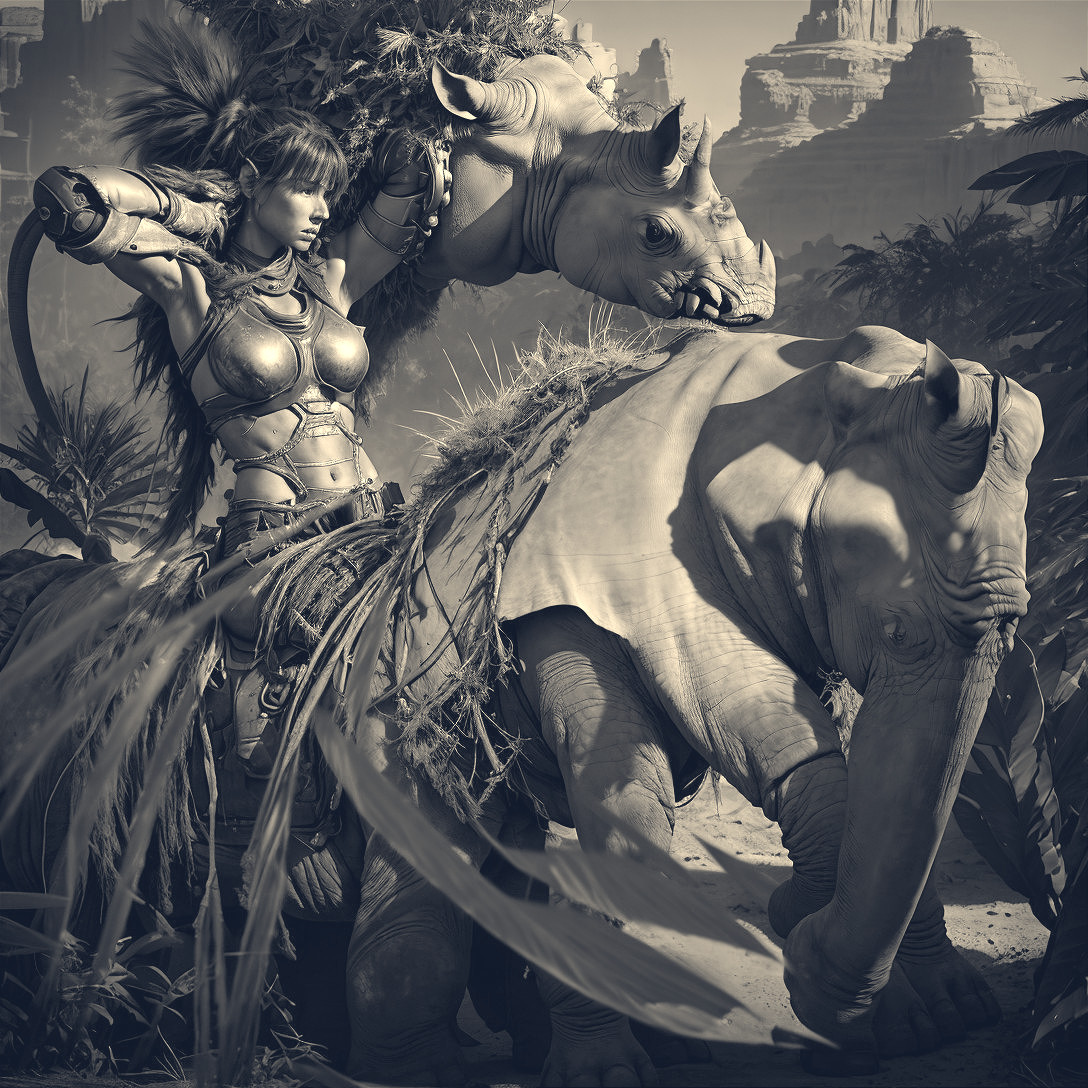 Dramatic Scene of Warrior with Elephant and Rhinoceros