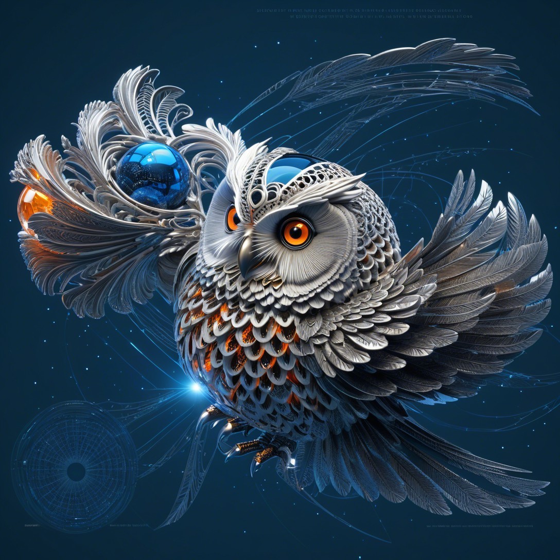 Metallic Owl with Shimmering Feathers and Cosmic Background
