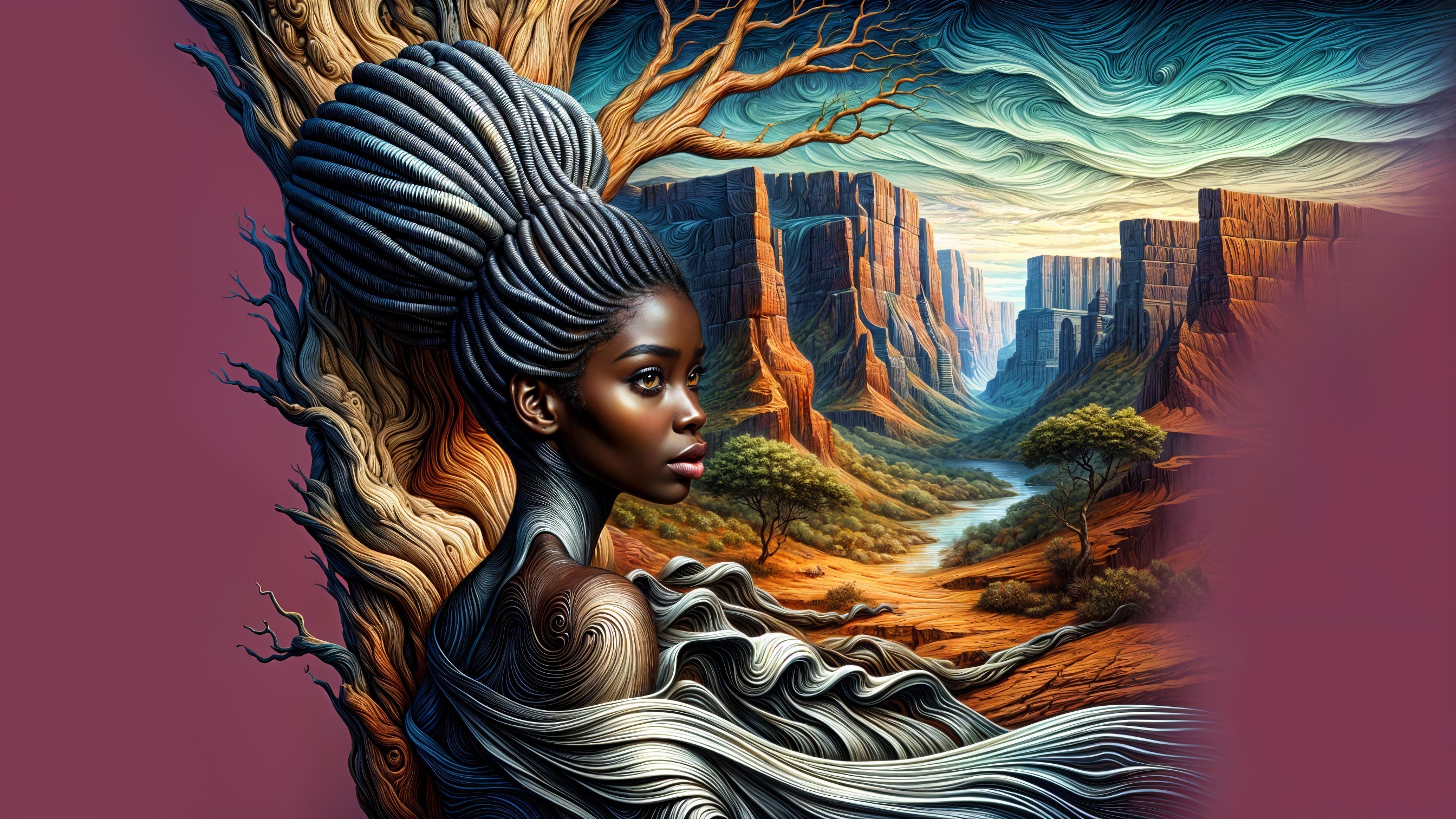 Portrait of a woman with flowing hair in canyon scene