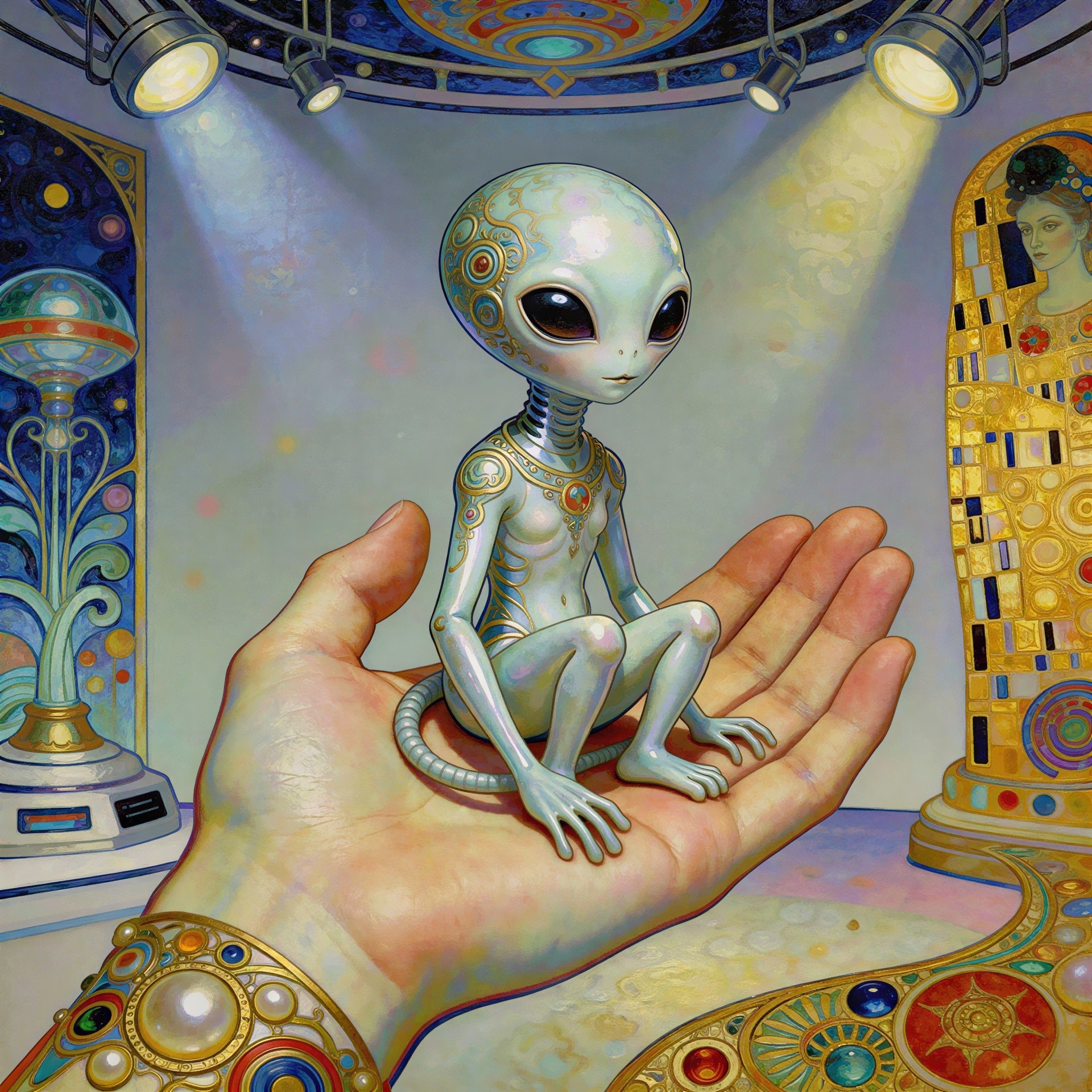 Dreamlike Painting of Light Blue Alien in Human Hand