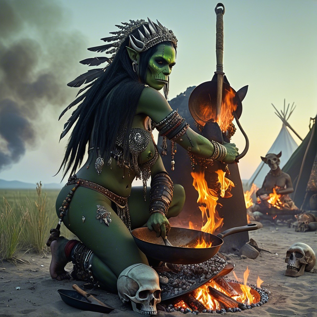 Green-Skinned Warrior in Mystical Landscape by Fire