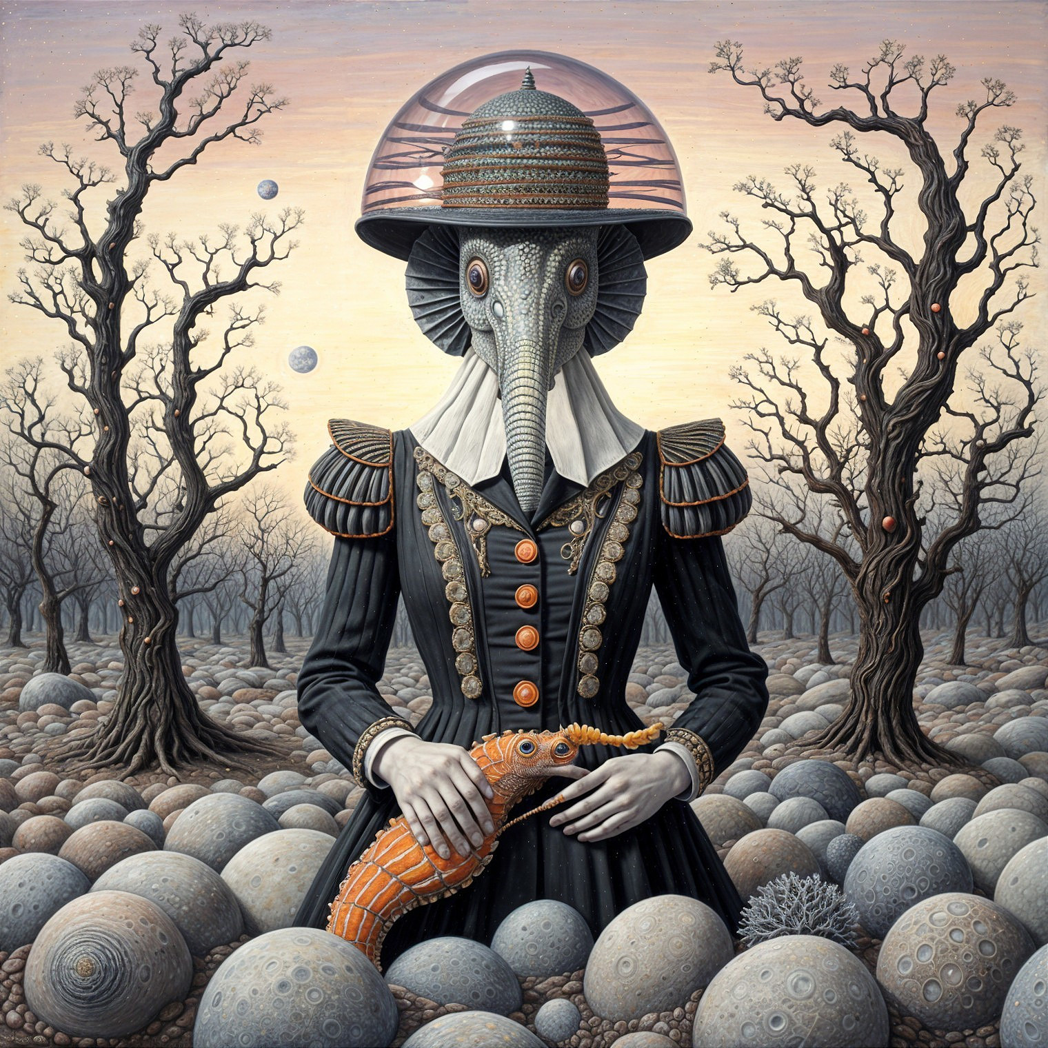 Surreal Figure in Victorian Dress in Barren Landscape