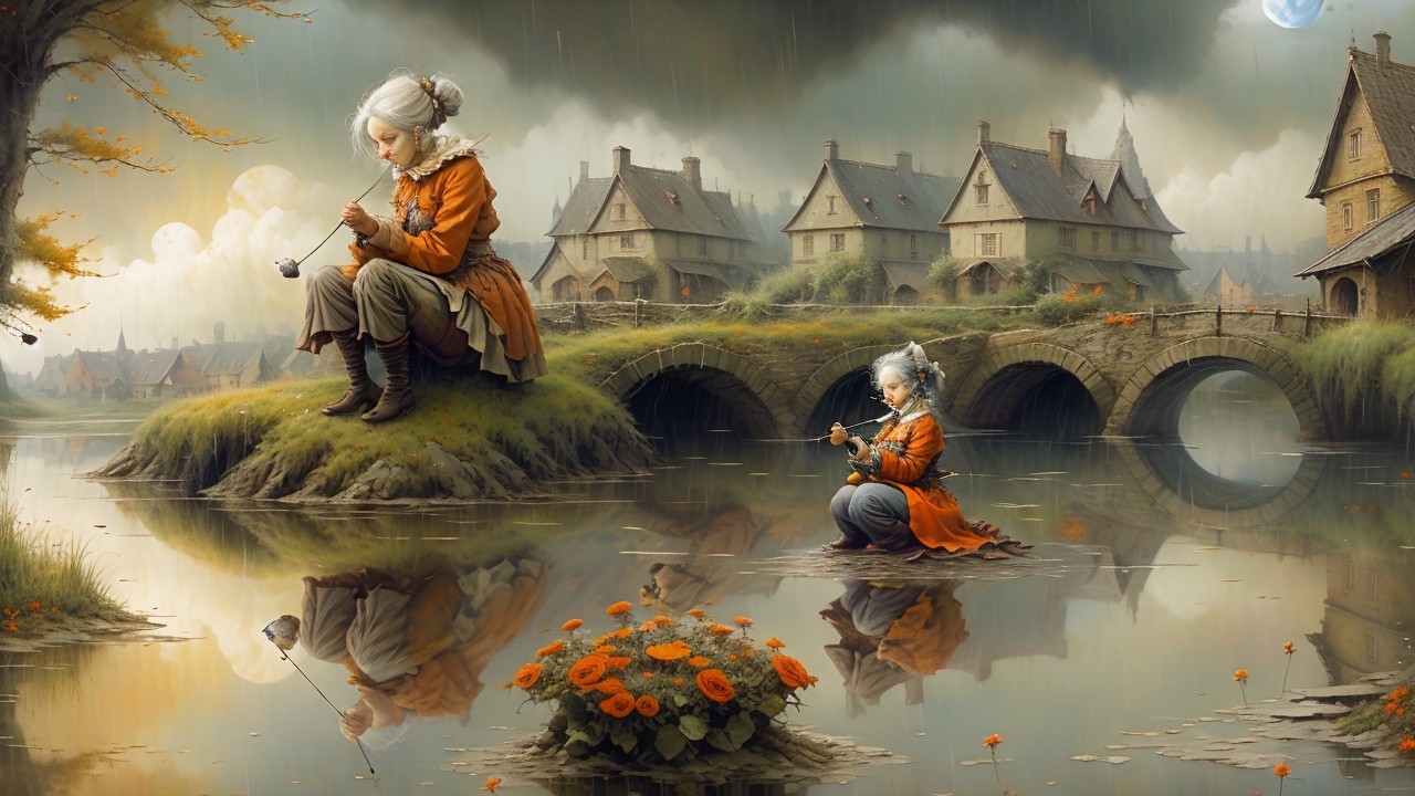 Ethereal Figures by Misty Lake in Surreal Landscape