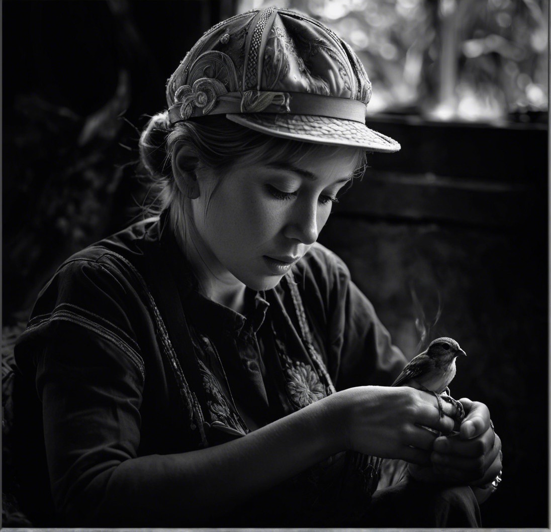 Young woman in vintage cap holding a small bird