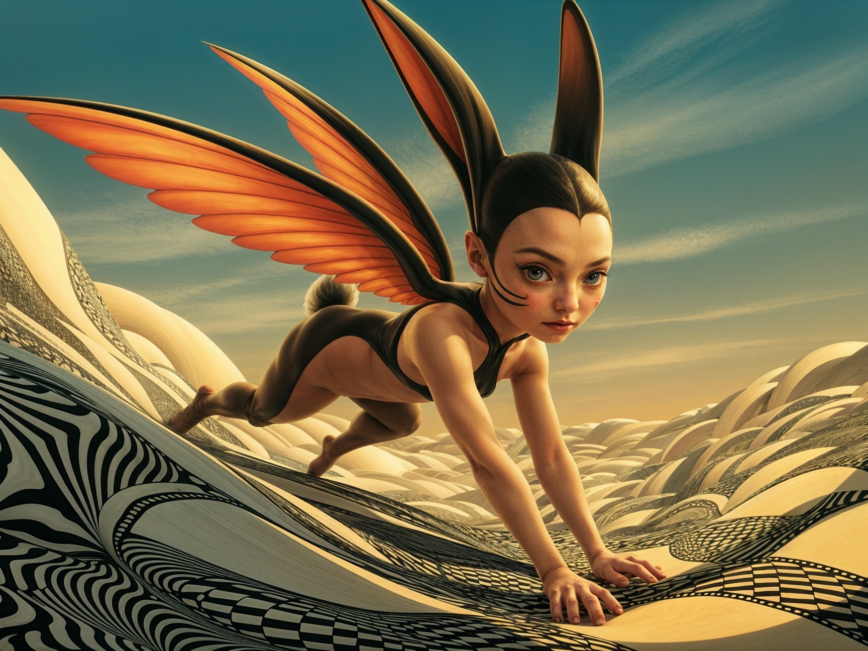 Whimsical Character with Orange Wings in Surreal Landscape