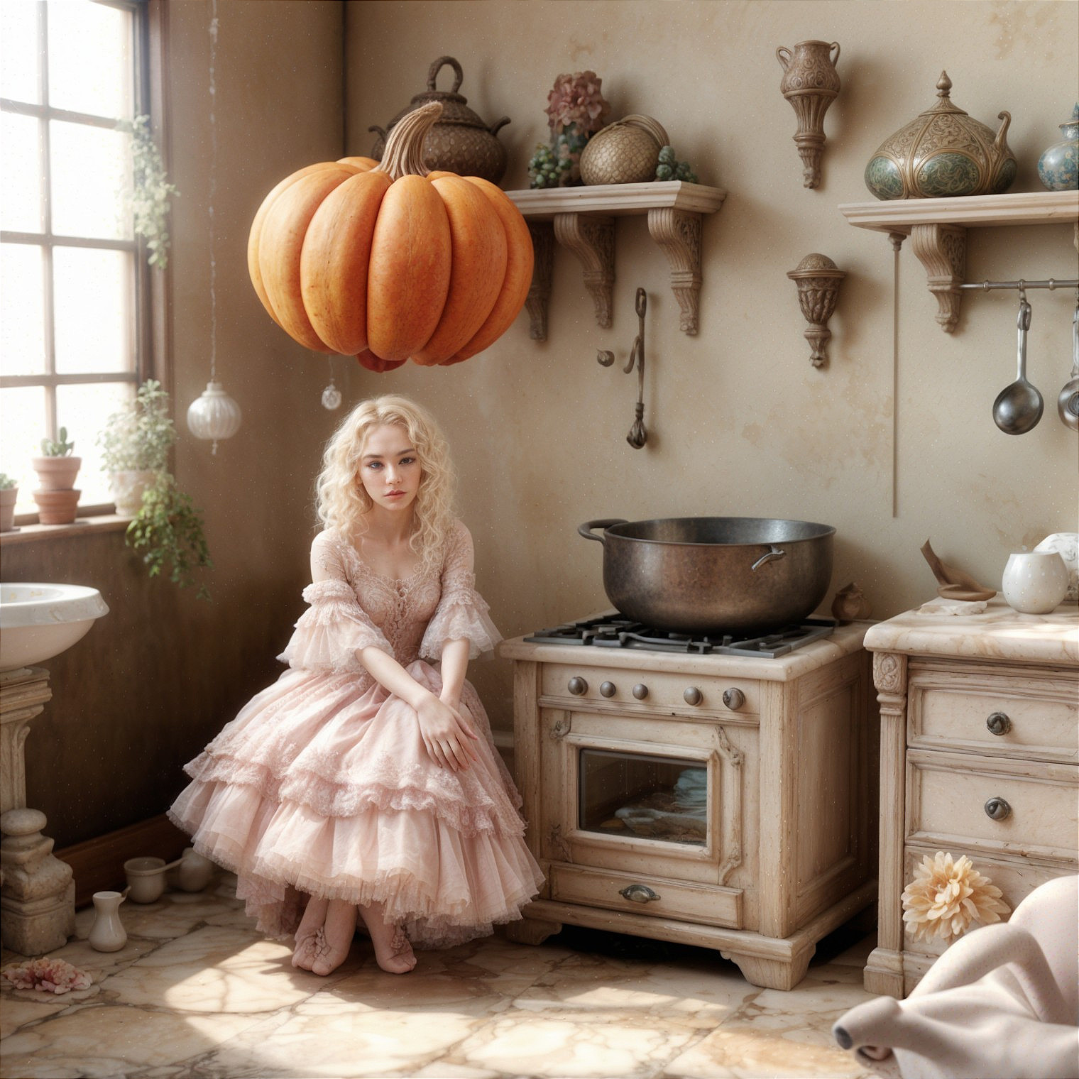 Vintage Kitchen with Woman in Pale Pink Gown and Pumpkin