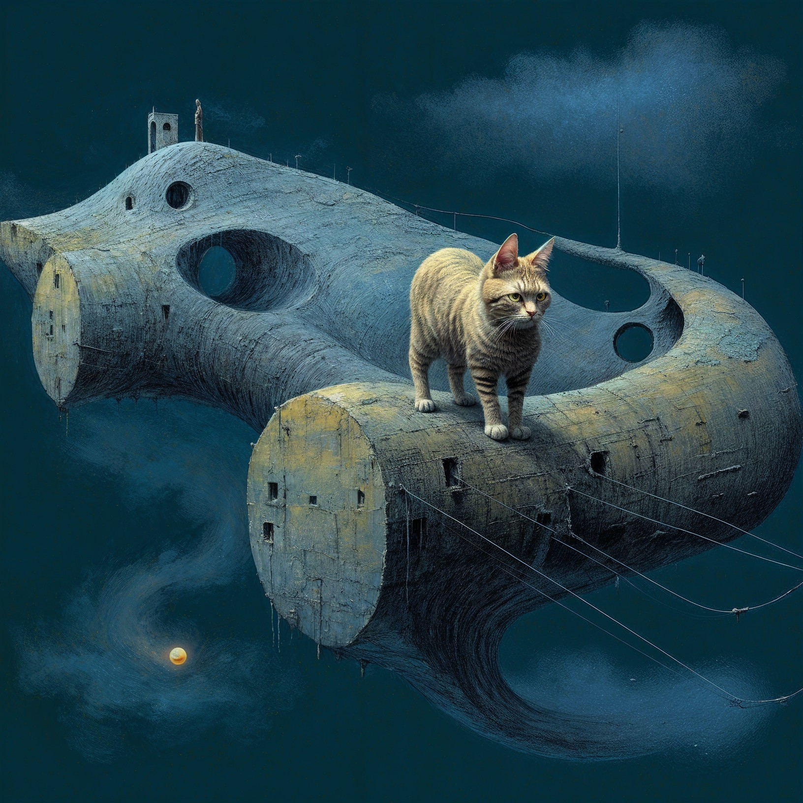 Surreal Landscape with Twisted Bridge and Cat