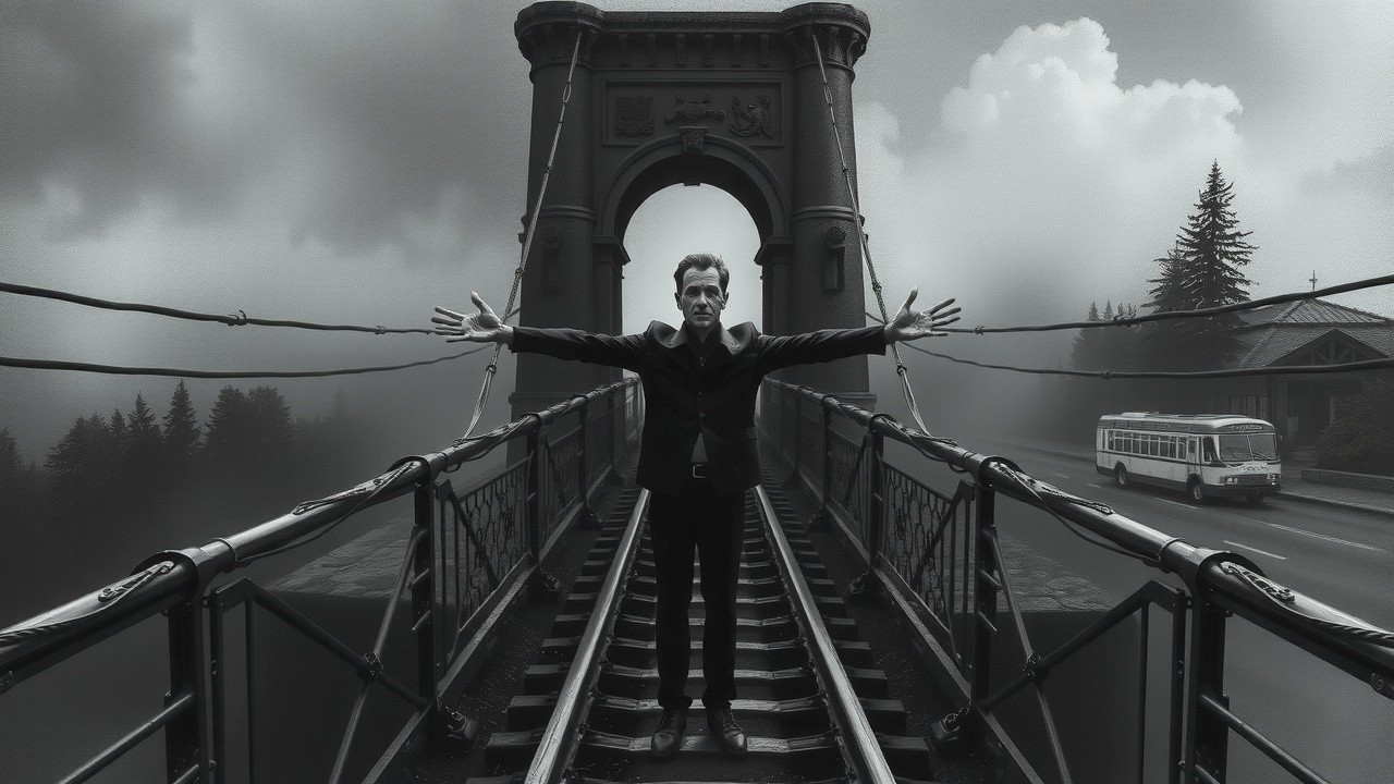 Monochromatic Scene on a Suspended Bridge with Clouds