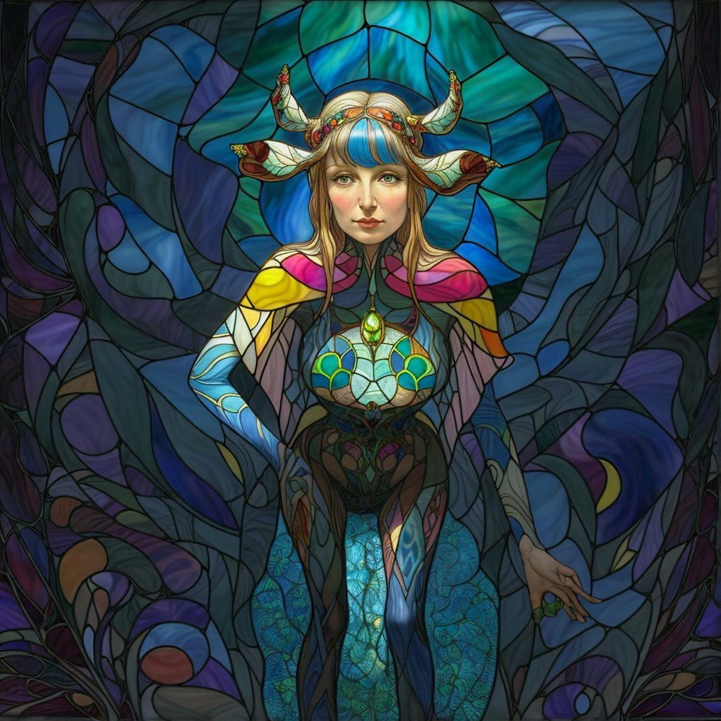 Mystical Figure Surrounded by Vibrant Stained Glass Patterns