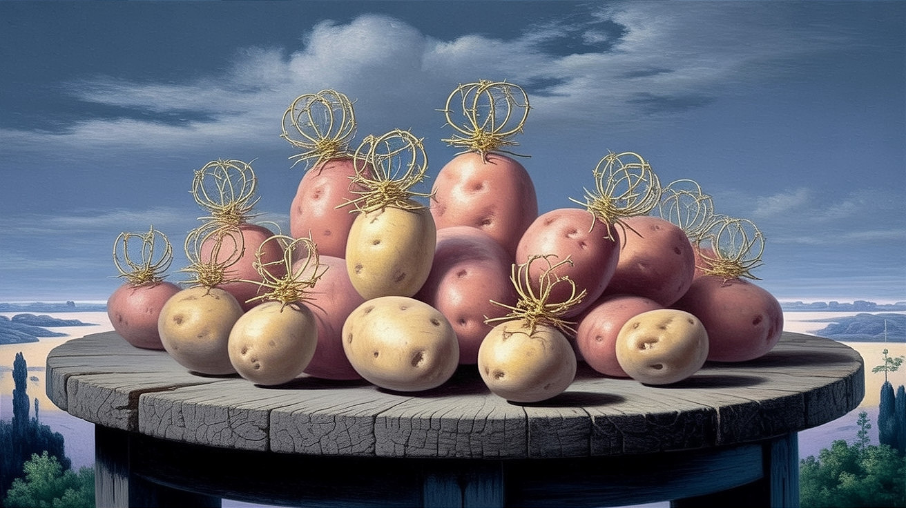 Whimsical Still Life of Sprouting Potatoes on Table