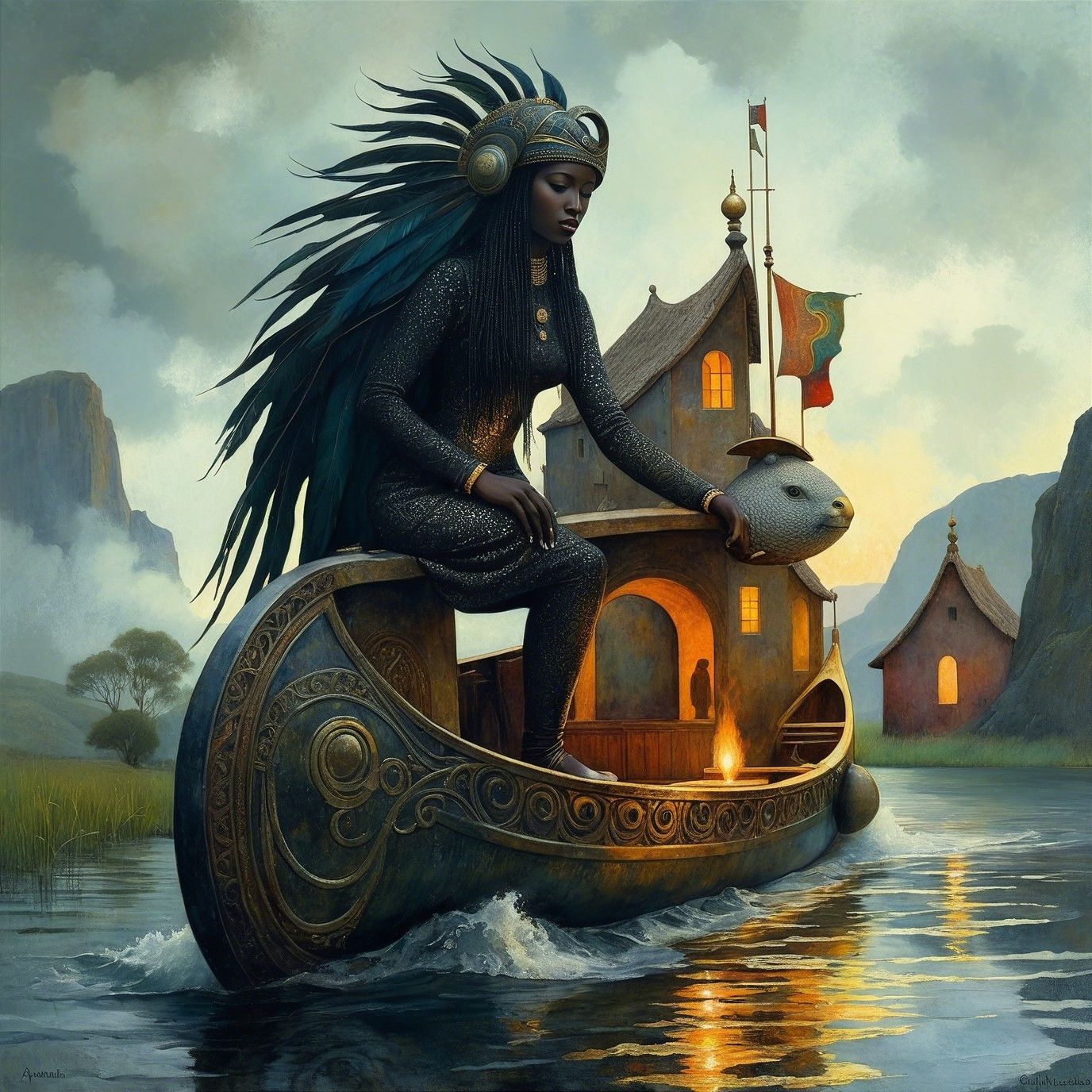 Majestic figure in ornate boat on calm waters