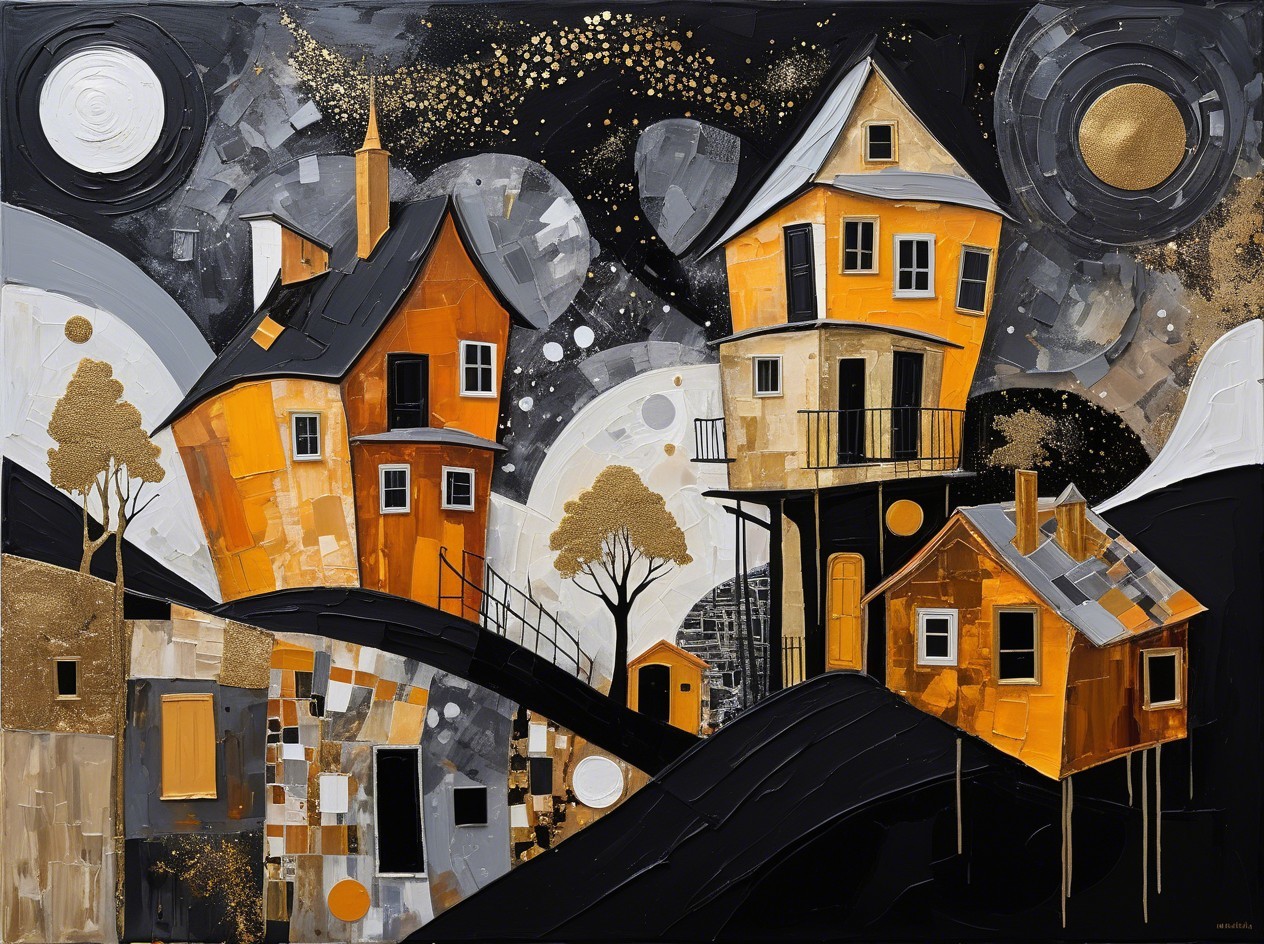 Abstract Painting of Whimsical Angular Houses