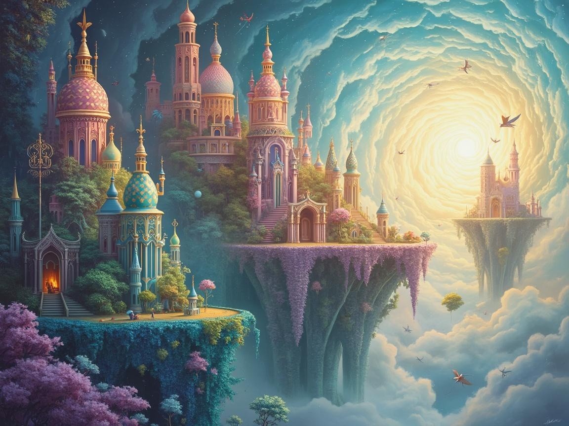 Floating Islands with Ornate Buildings in Dreamlike Sky