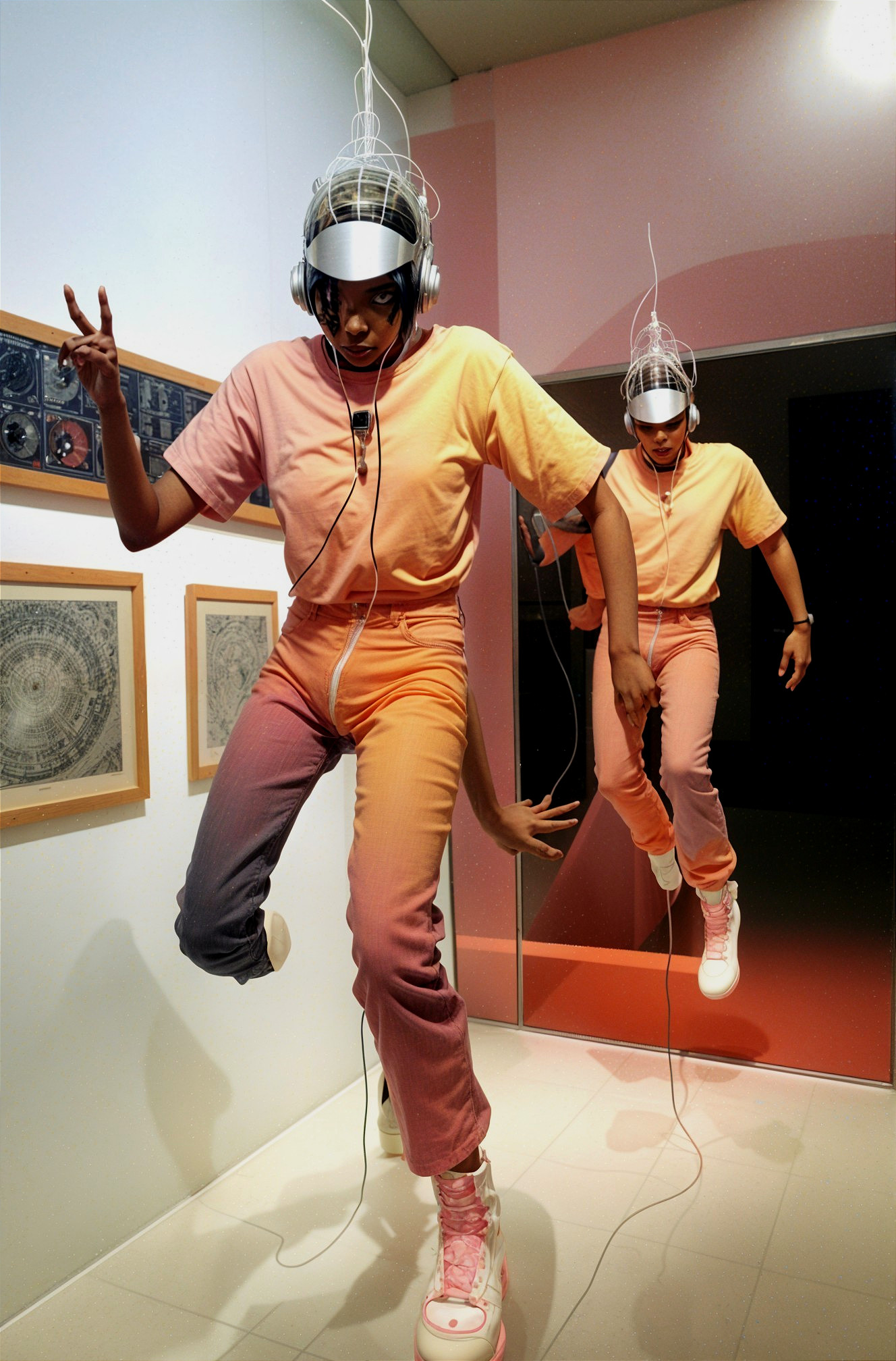 Person in Futuristic Headpiece in Stylized Art Space