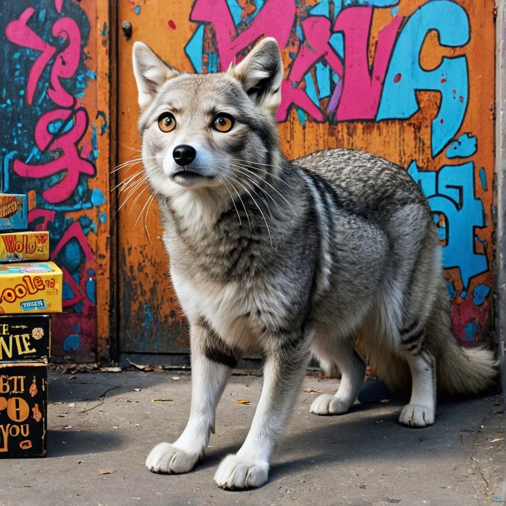 Gray Fox Against Vibrant Graffiti Background