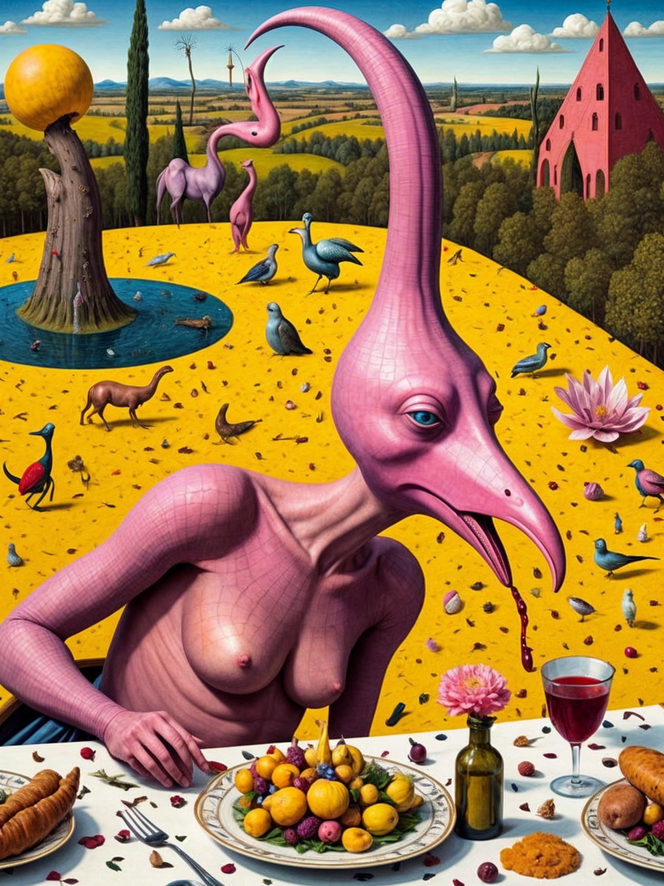 Surreal Scene of Humanoid Bird and Colorful Fruits