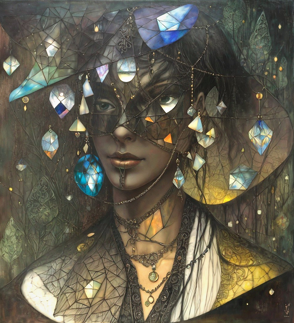 Mysterious Figure with Stained Glass Motifs and Jewels