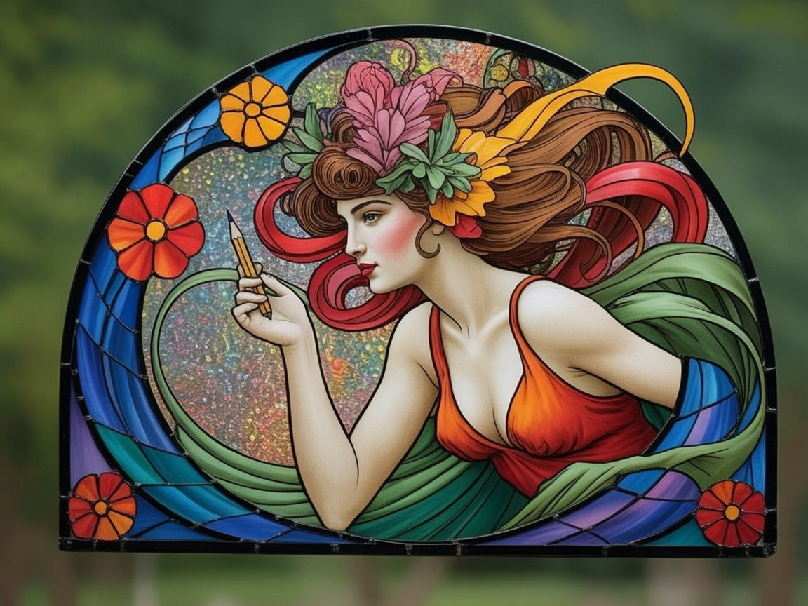 Vibrant stained glass artwork of a woman with flowers