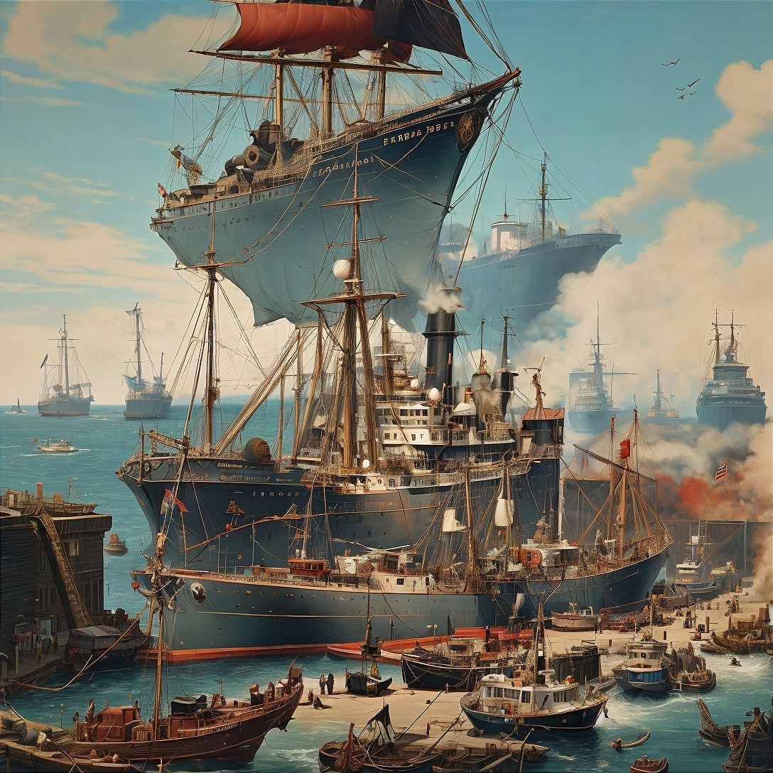 Harbor Scene with Diverse Ships and Lively Activity