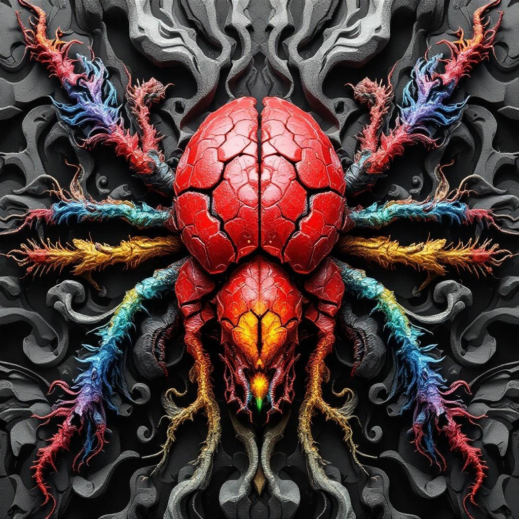 Surreal Artwork of a Colorful Spider on Dark Background