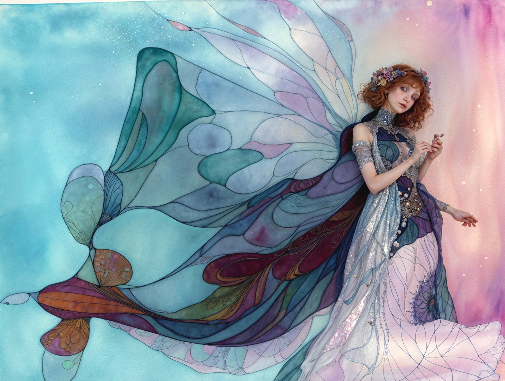 Whimsical Figure in Elegant Gown with Butterfly Wings